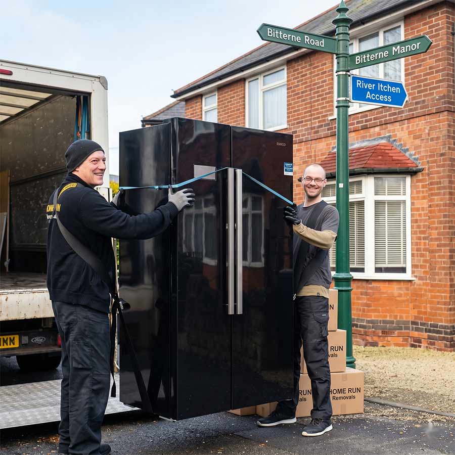 Are removal company moving a fridge utilising moving straps. Taken in Bitterne, Southampton.